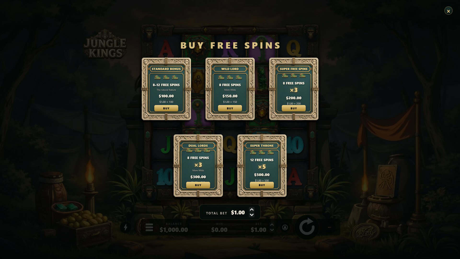 Jungle Kings bonus buy menu