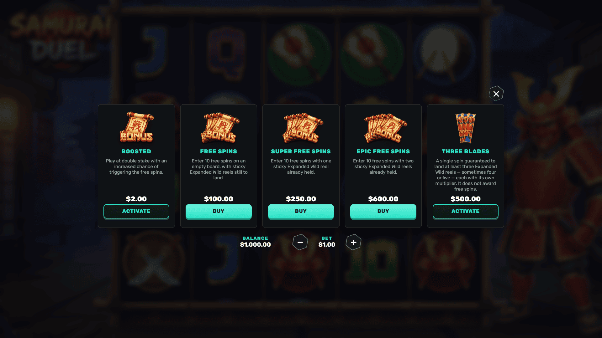 Samurai Duel bonus buy menu