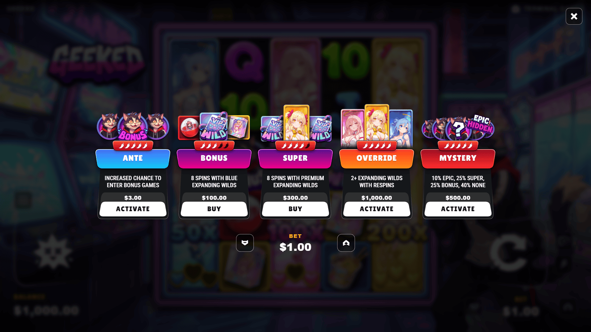 Geeked bonus buy menu