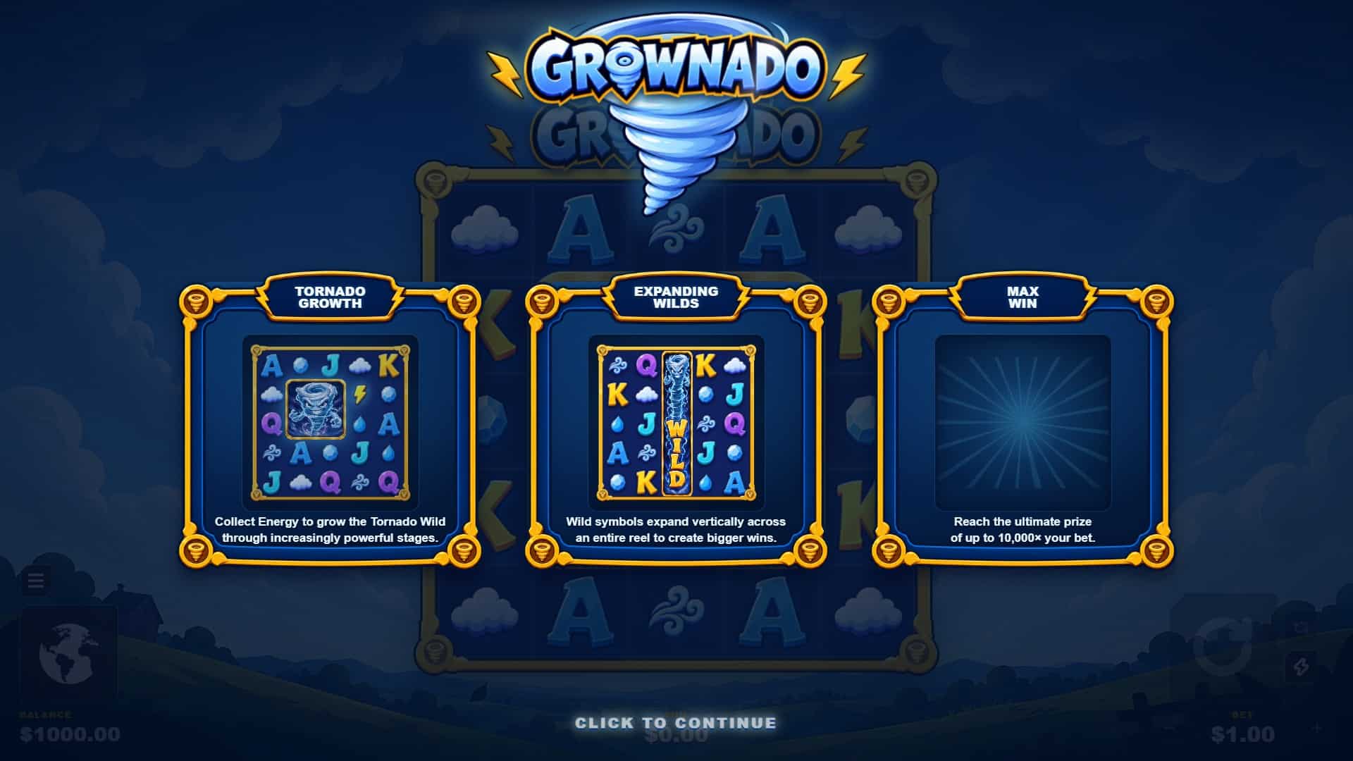 Grownado slot intro screen