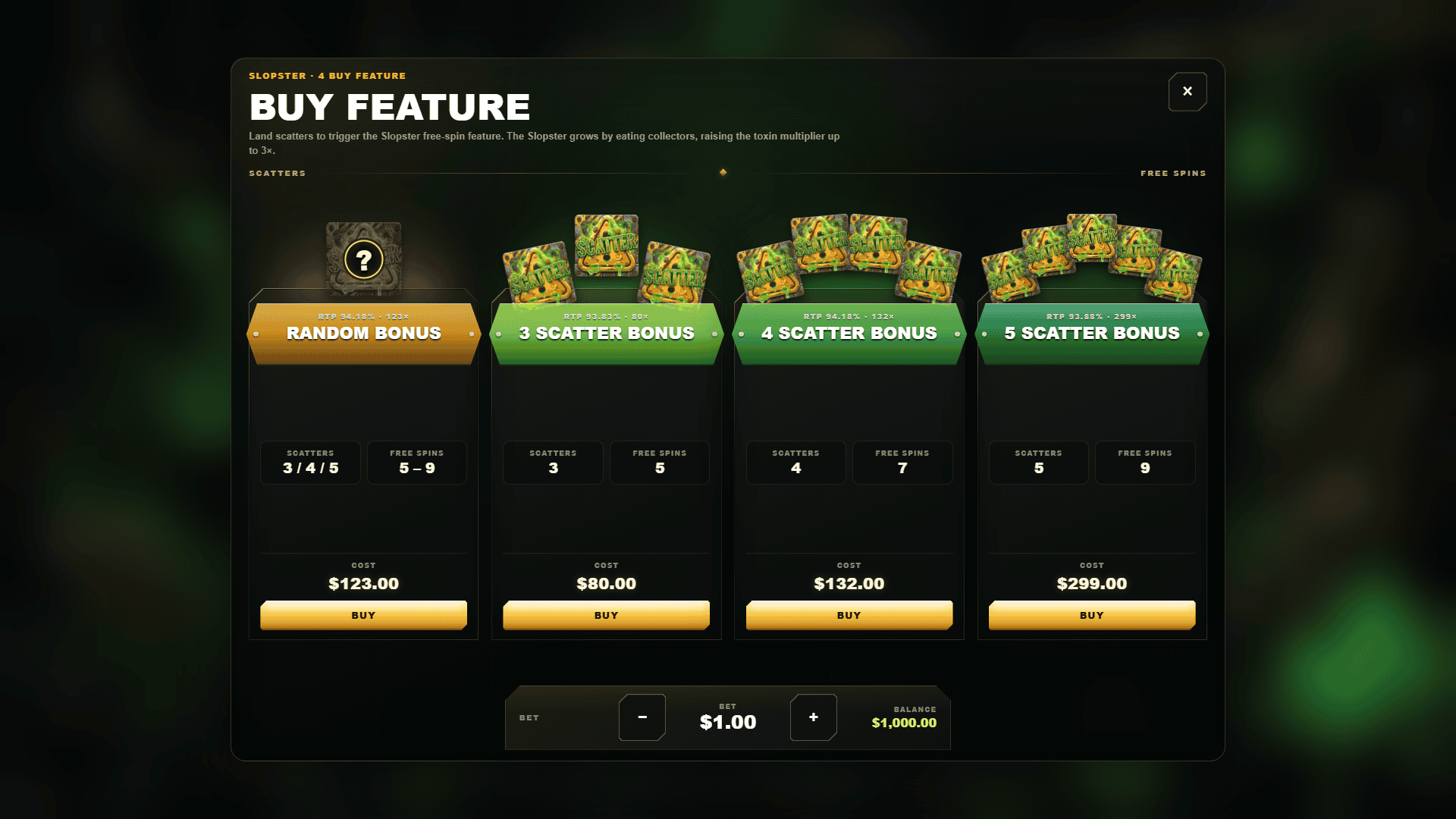 Slopster bonus buy menu