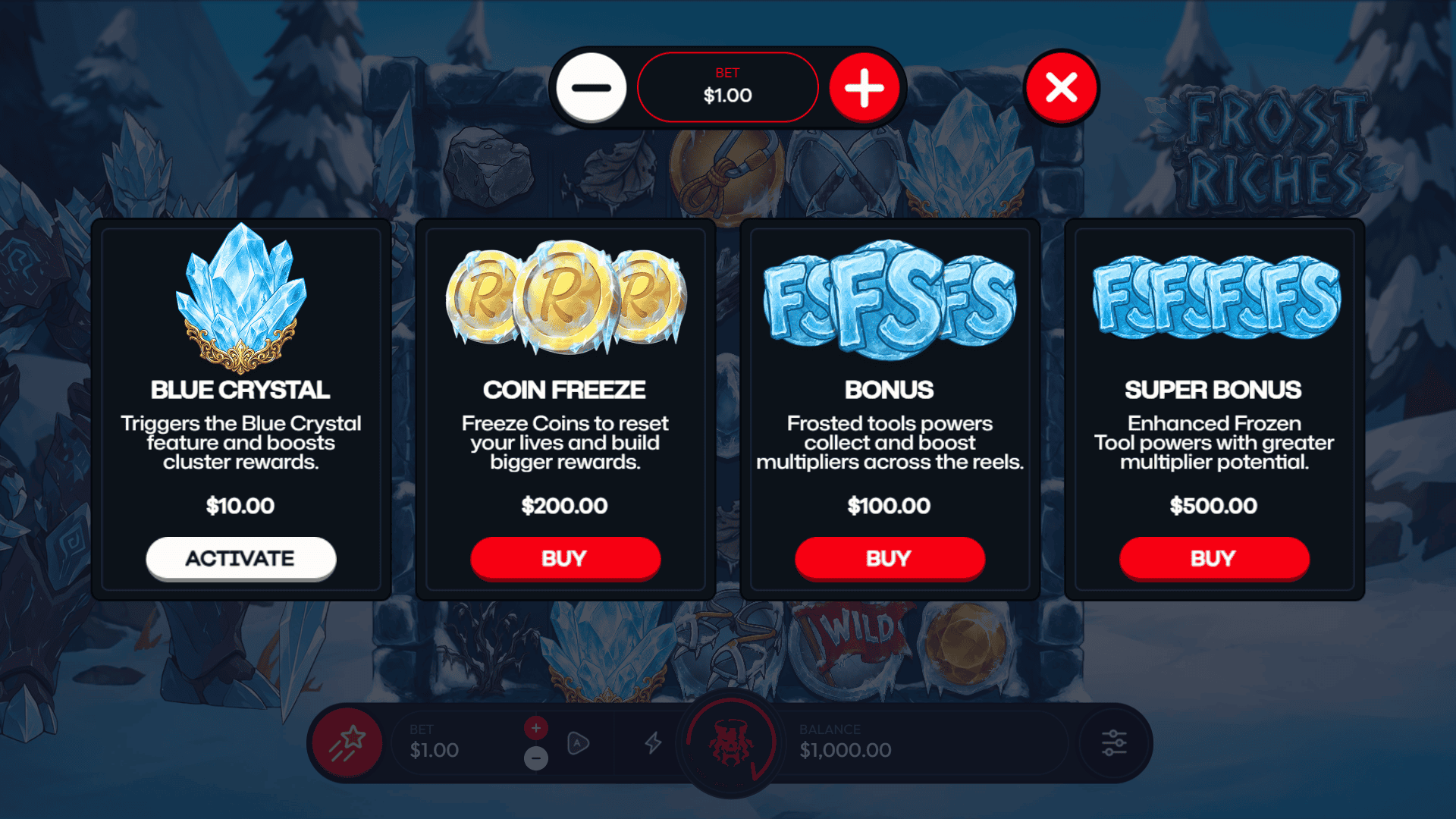 Frost Riches bonus buy menu