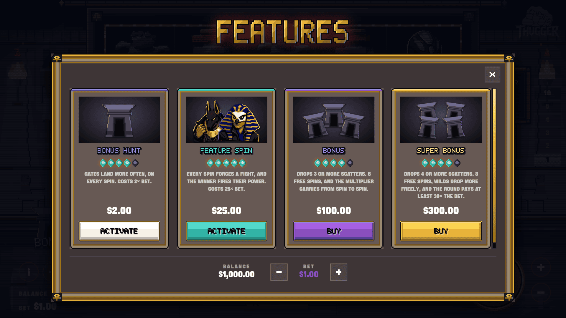 Backstreets: Egypt bonus buy menu