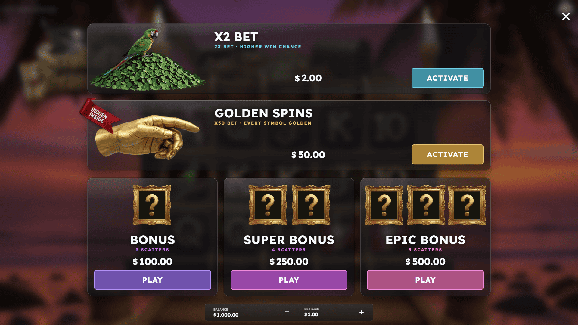 Scroll of Treasures bonus buy menu