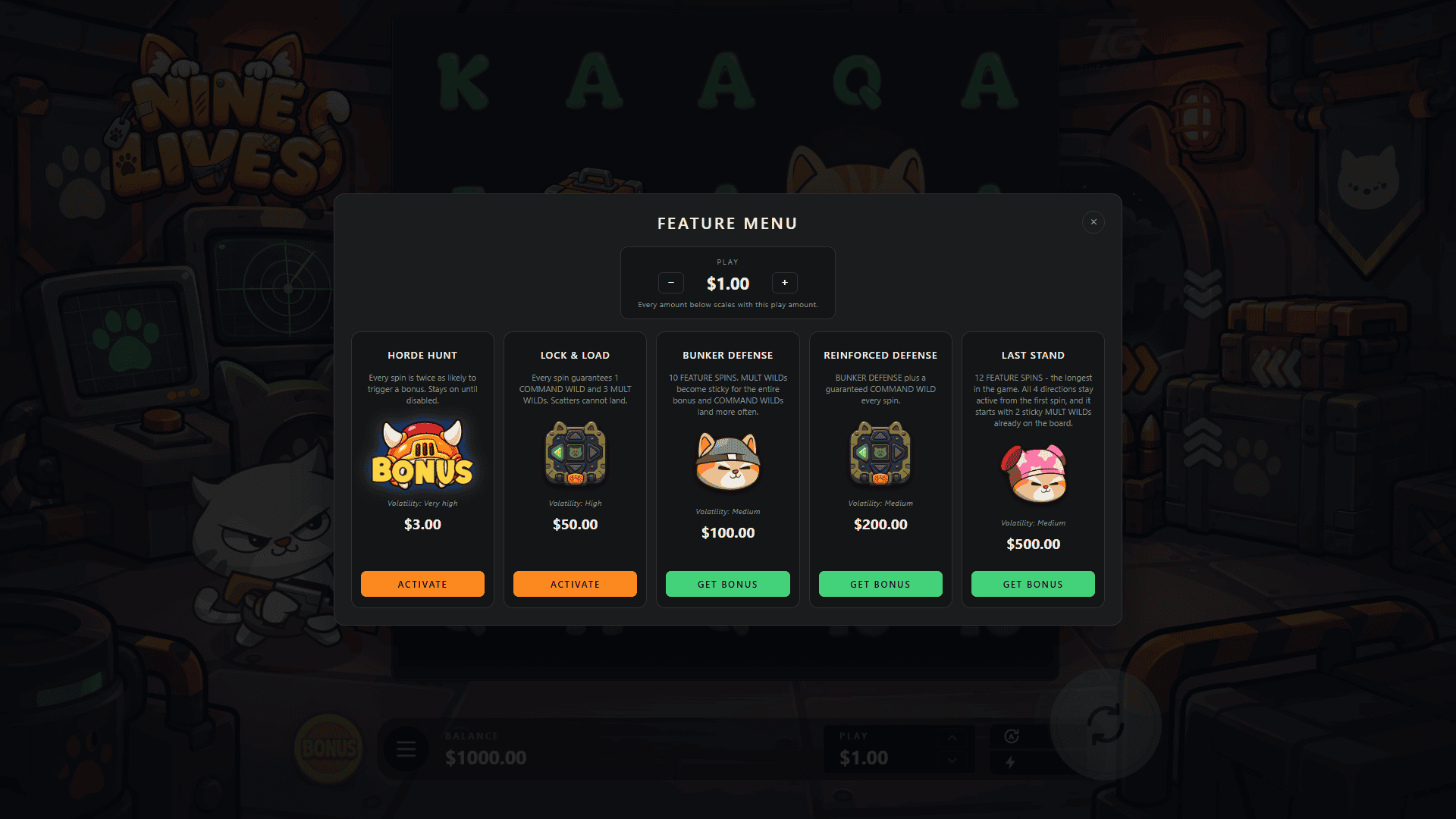 Nine Lives bonus buy menu