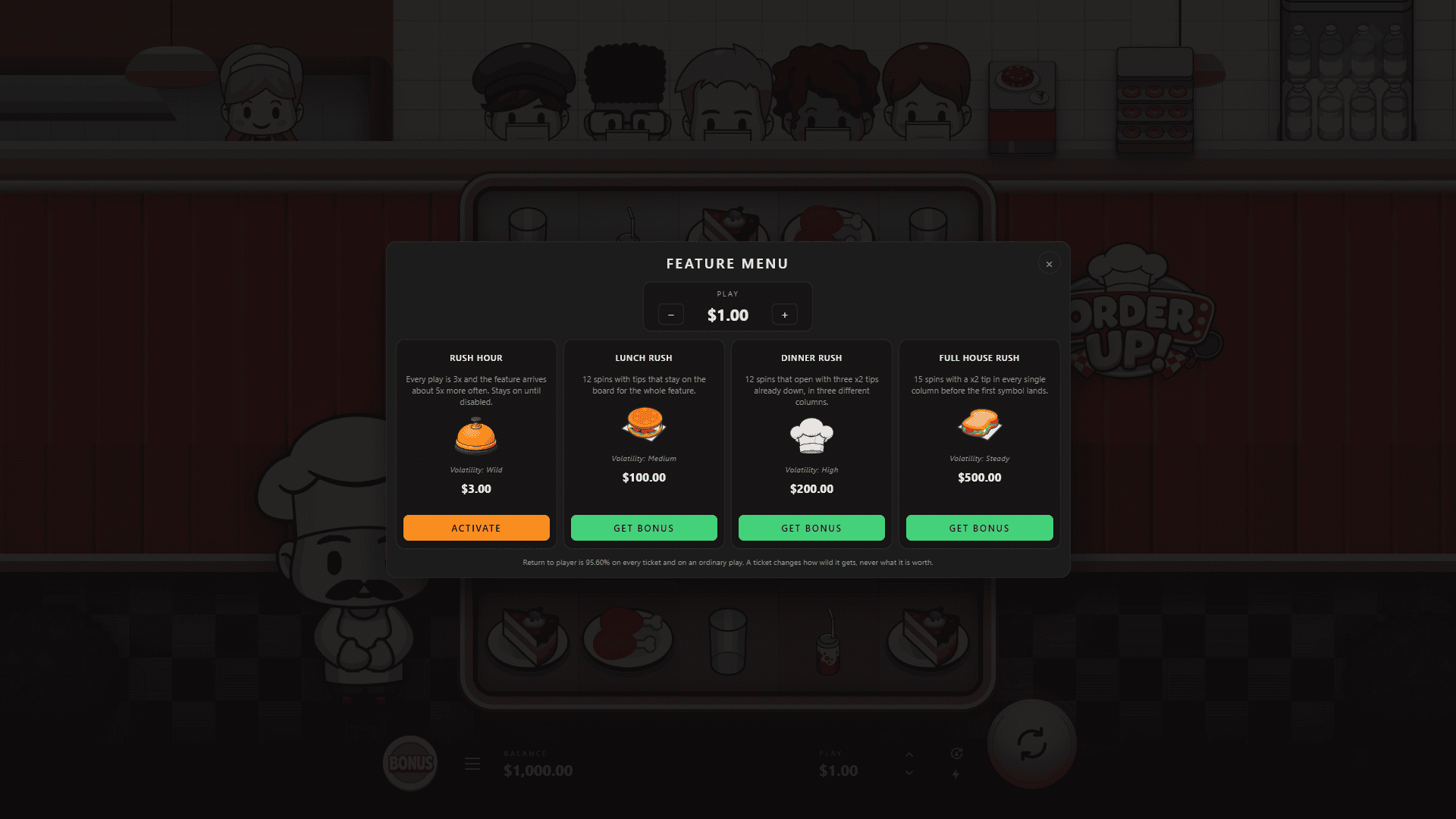 Order Up Cluster Pays bonus buy menu