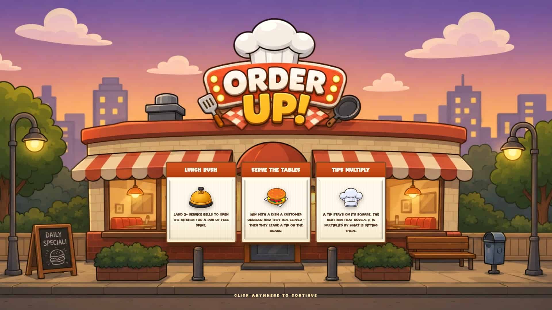 Order Up Cluster Pays slot intro screen