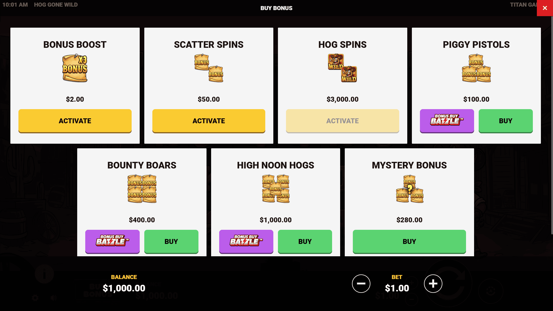 Hog Gone Wild bonus buy menu