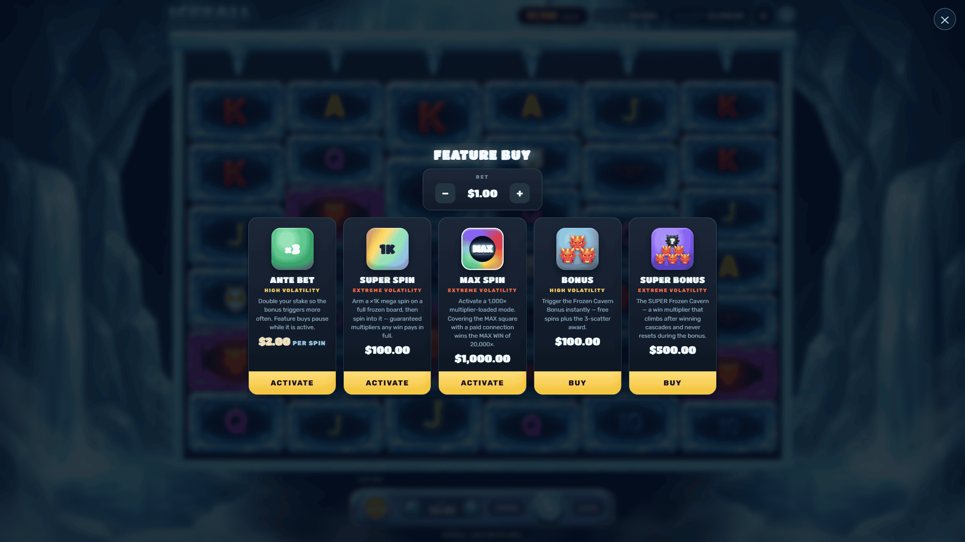 Icefall bonus buy menu