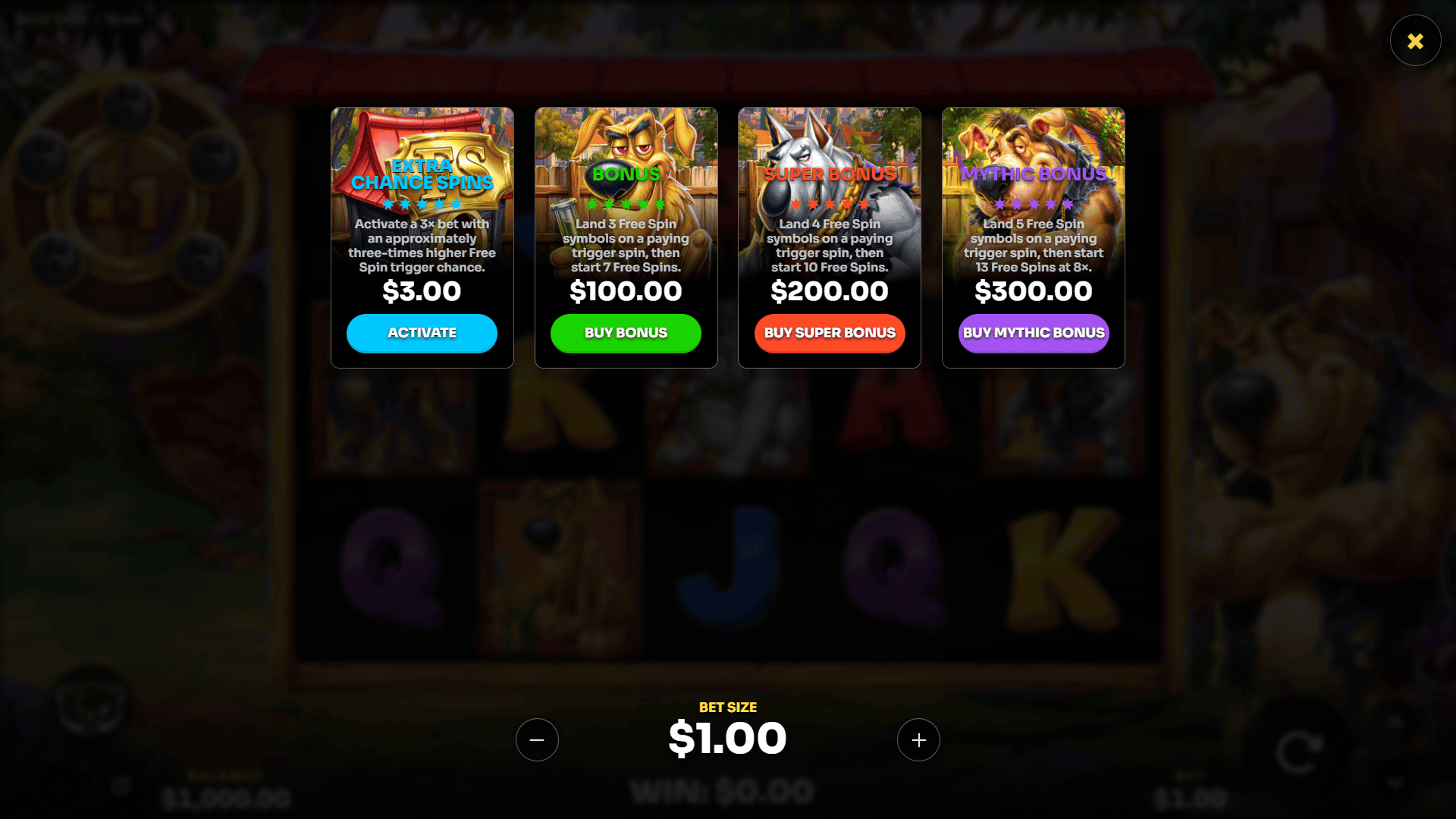 Silly Dog bonus buy menu