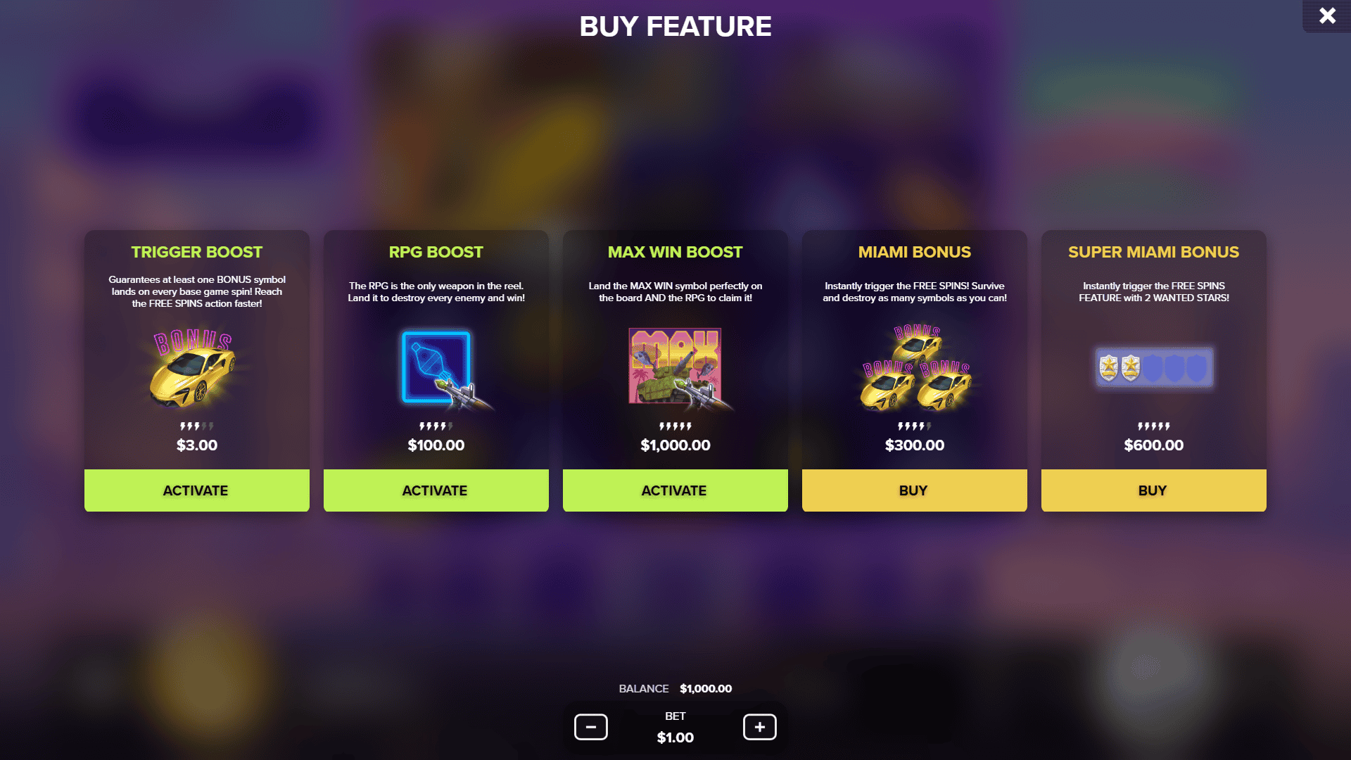Welcome To Miami bonus buy menu