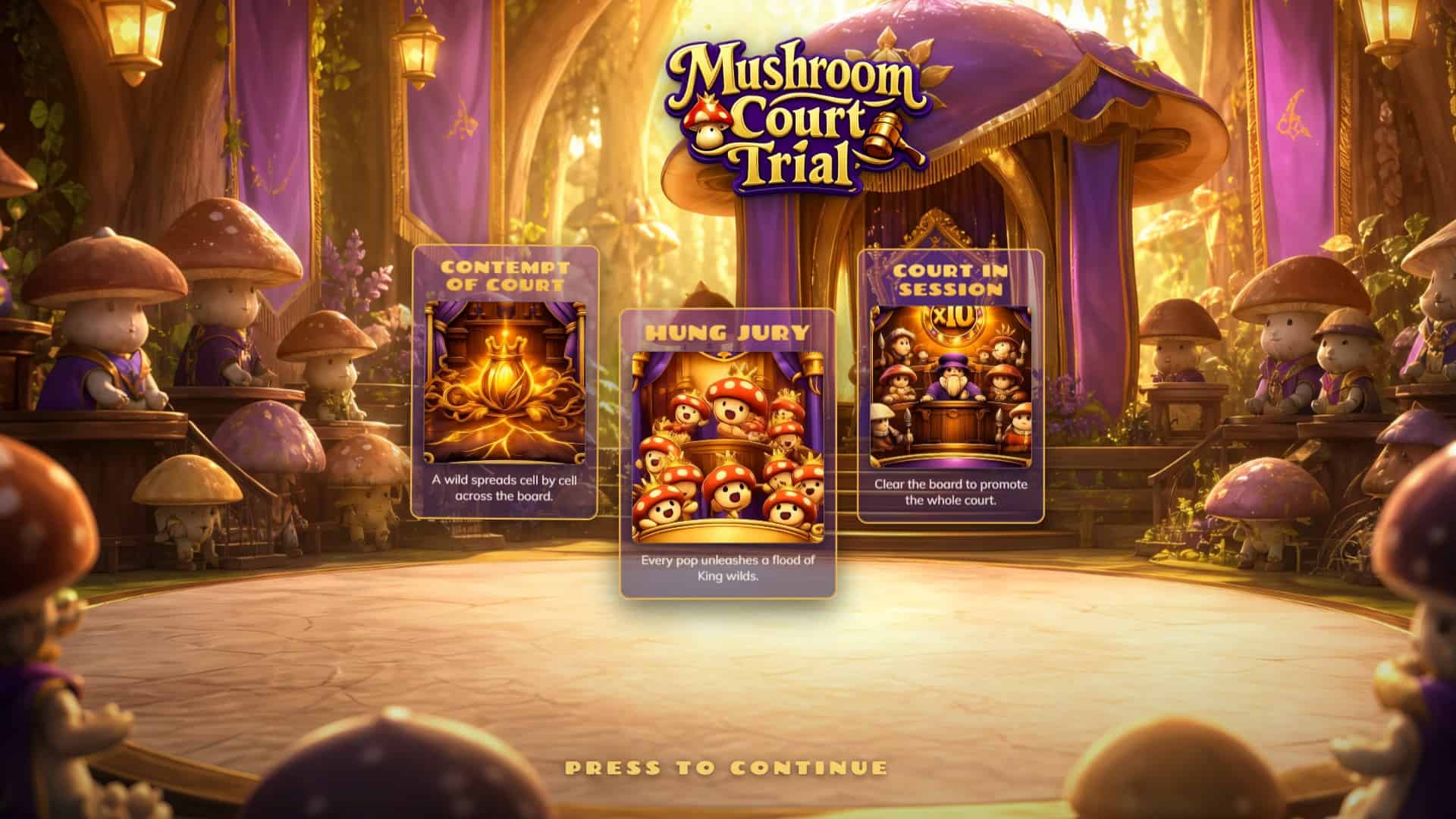 Mushroom Trial Court slot intro screen