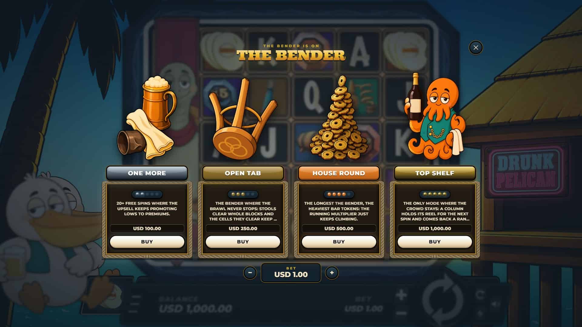 Drunk Pelican bonus buy menu