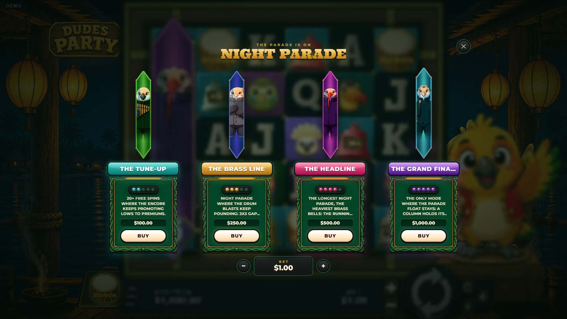 Dudes Party bonus buy menu