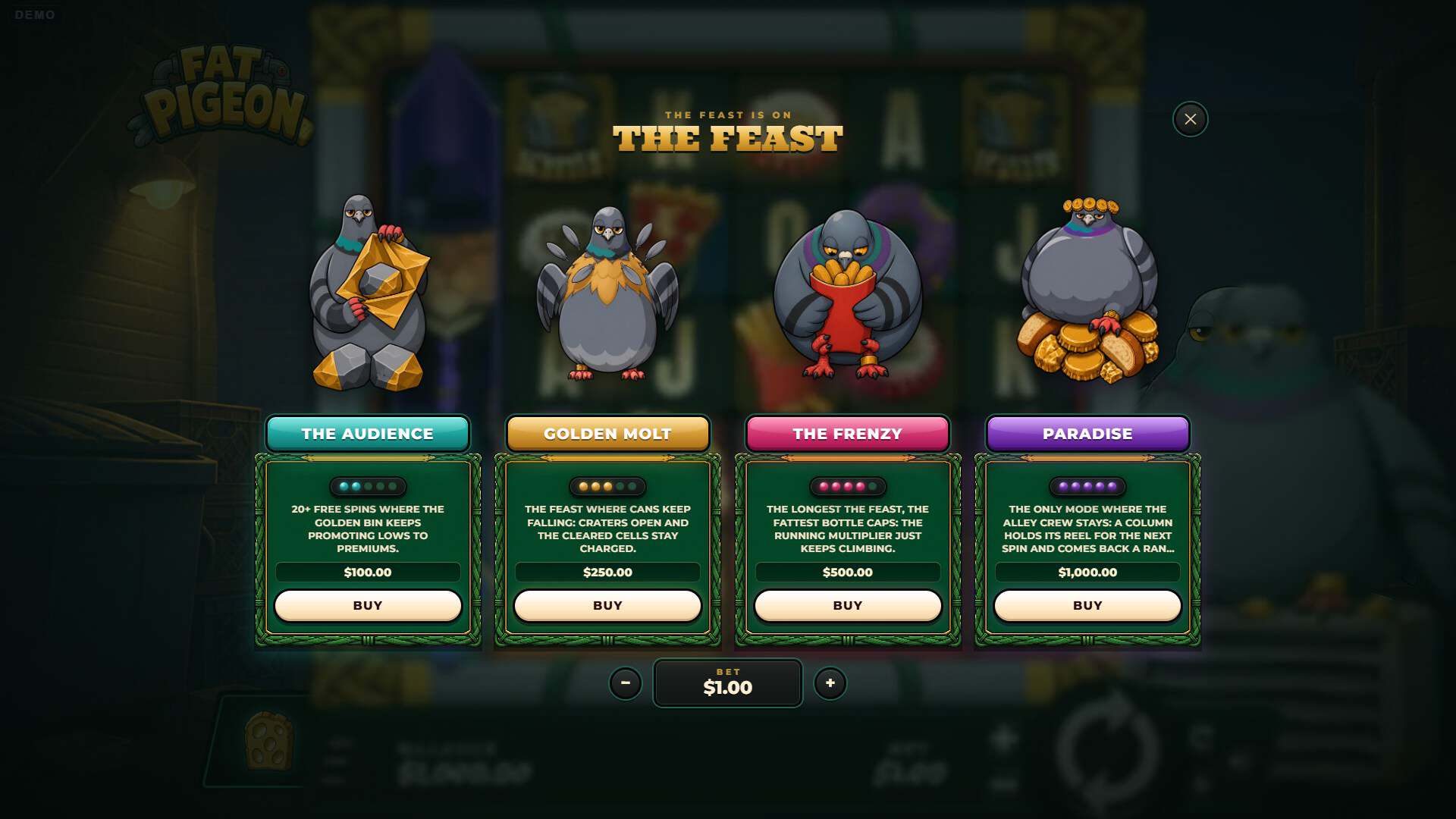 Fat Pigeon bonus buy menu
