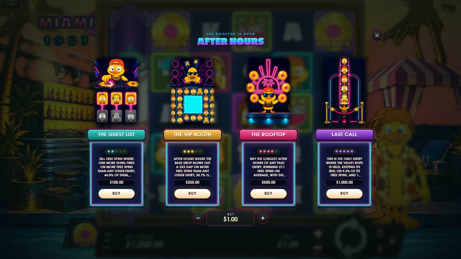 Miami 1987 bonus buy menu