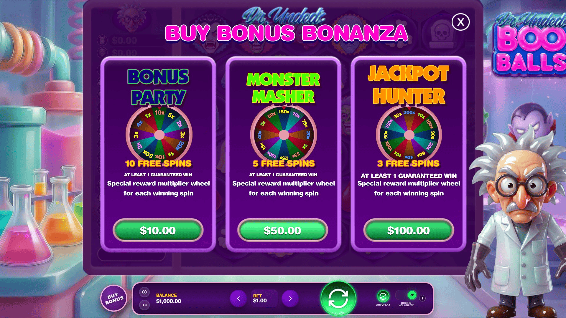 Dr Undeds Boo Balls bonus buy menu