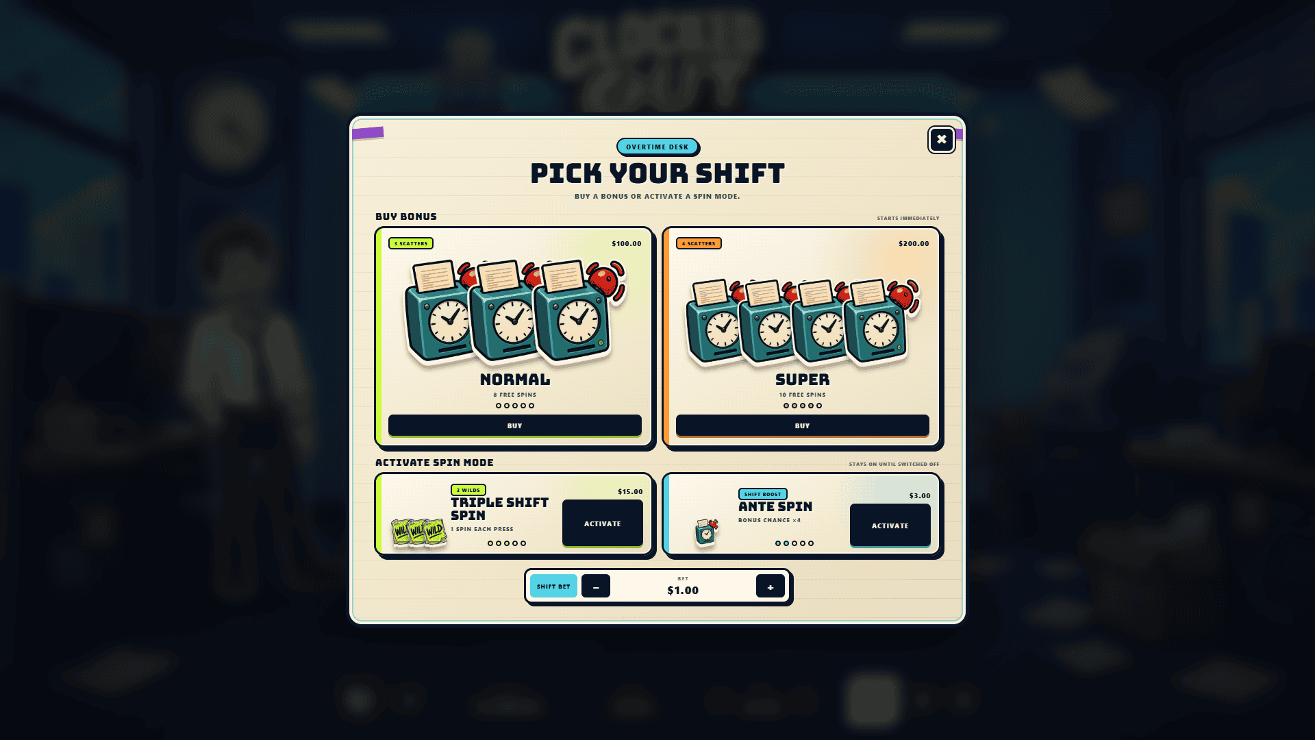 Clocked Out bonus buy menu