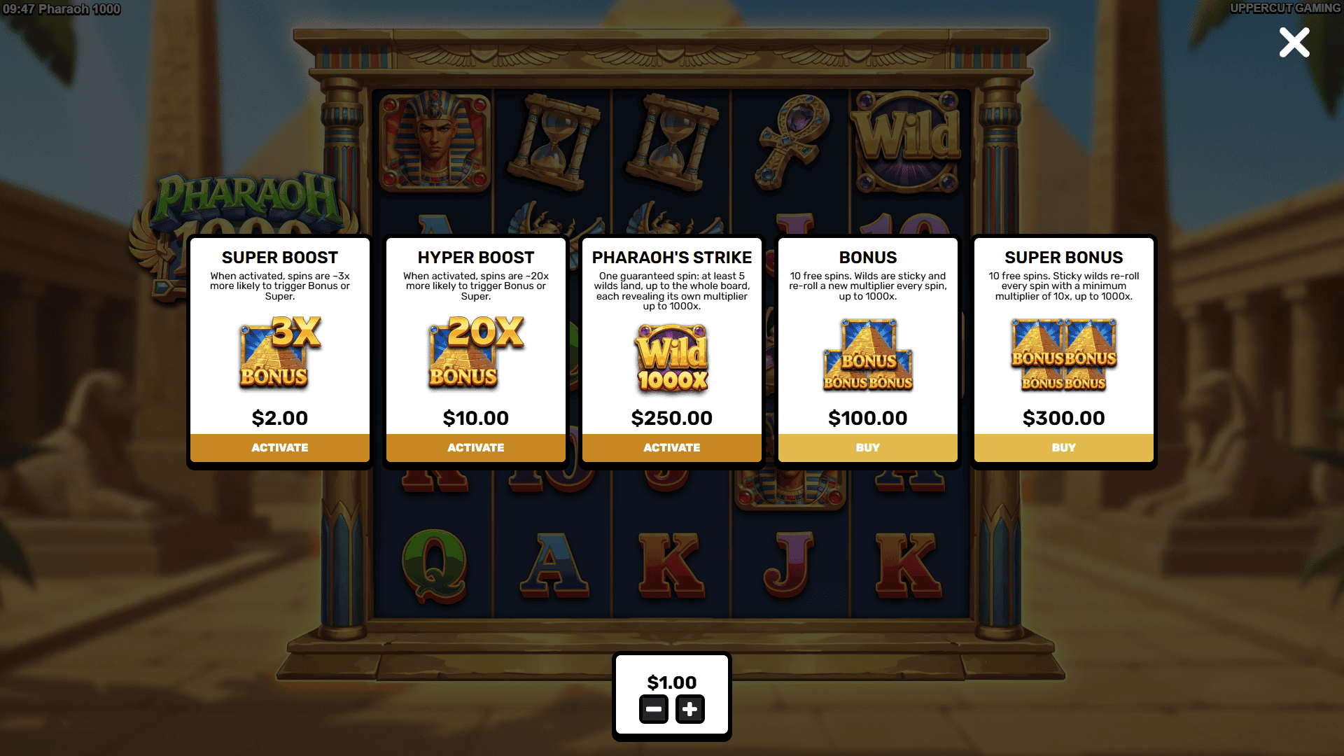 Pharaoh 1000 bonus buy menu