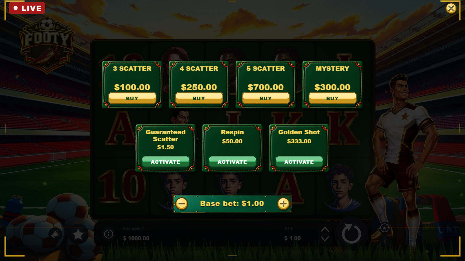 Footy bonus buy menu