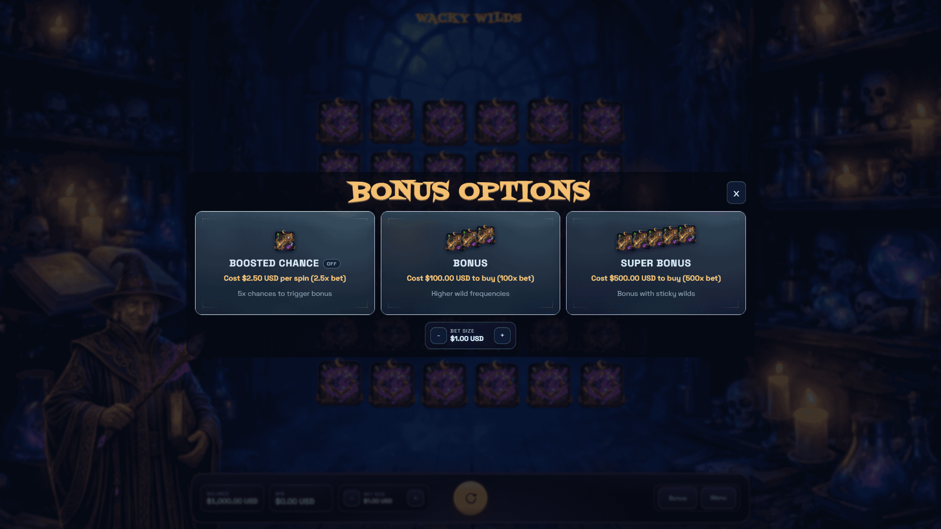 Wacky Wilds bonus buy menu