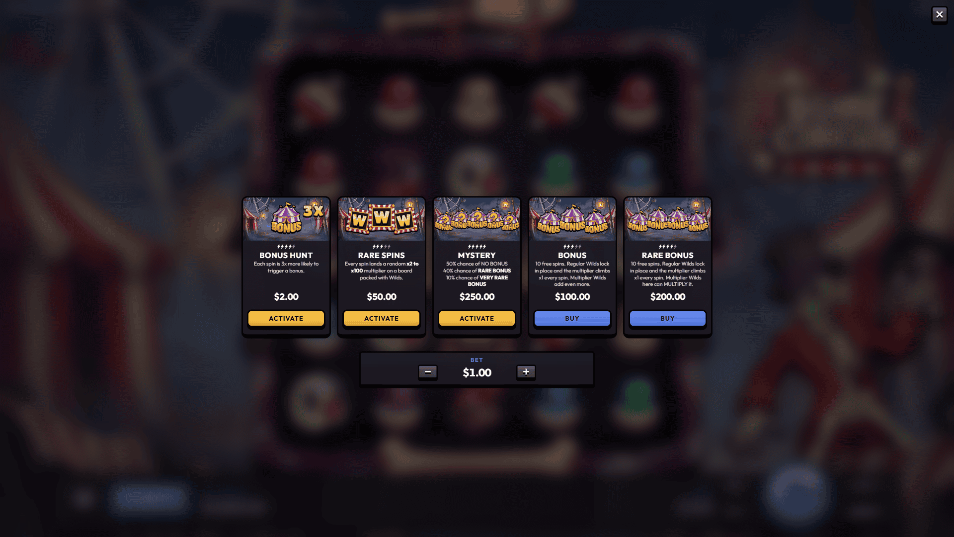 Bone Circus bonus buy menu