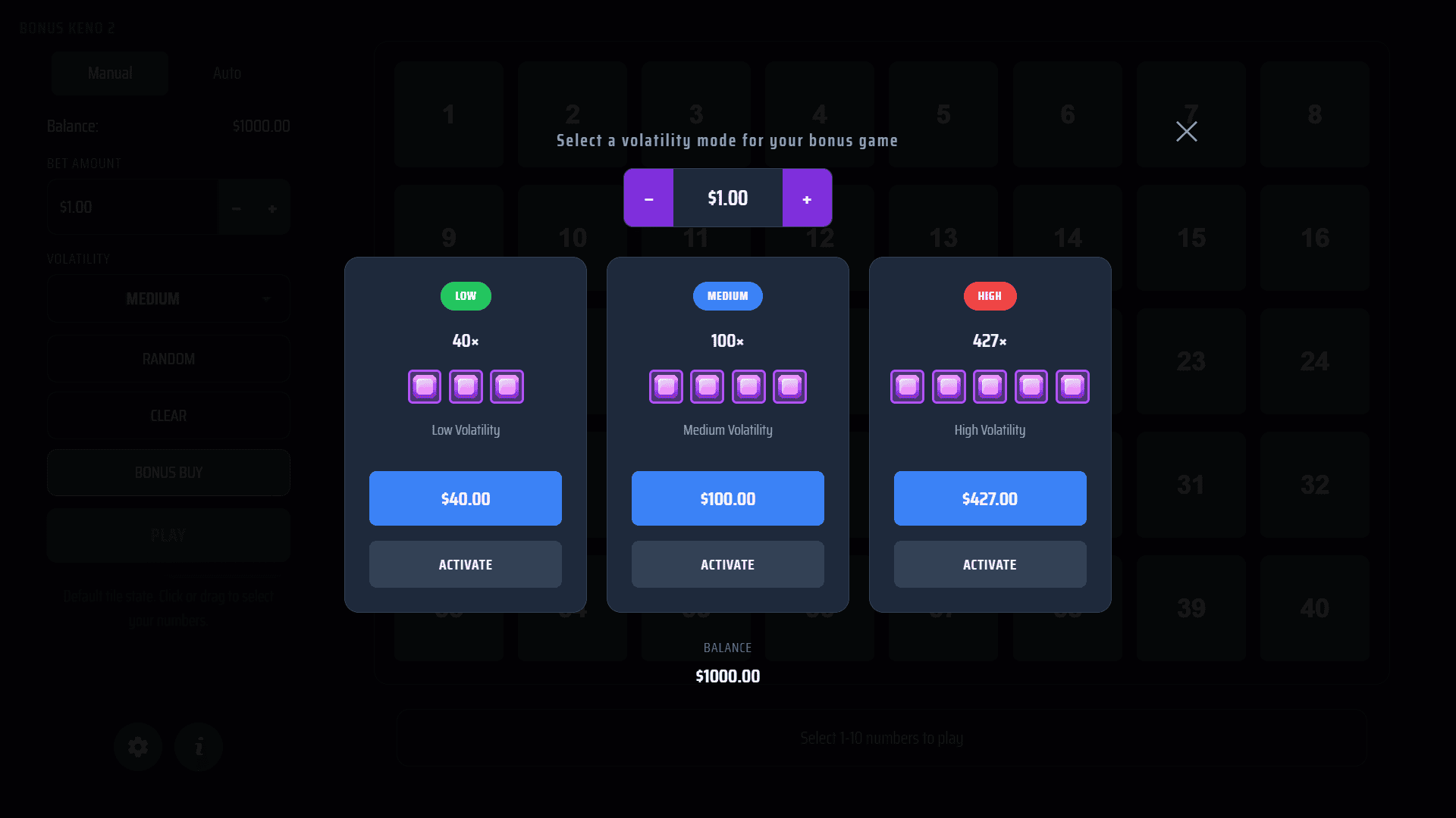 X Keno bonus buy menu