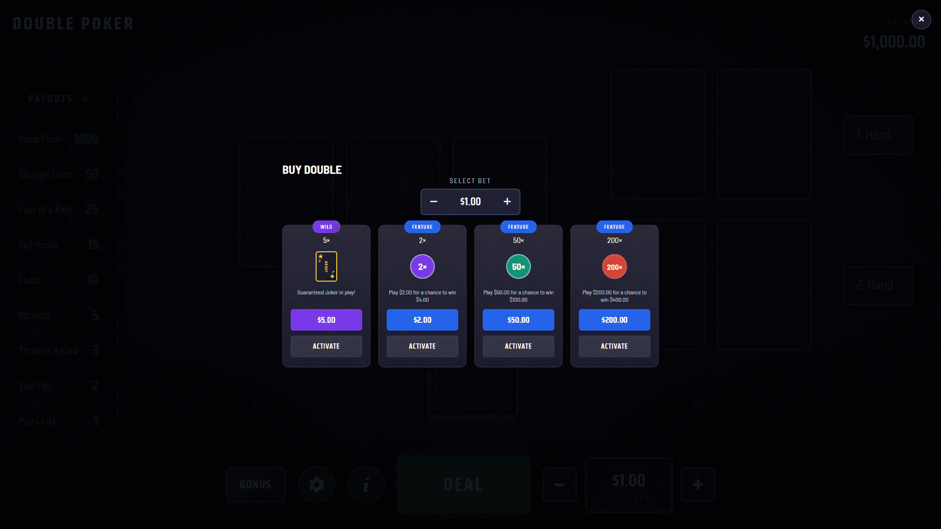 Double Poker bonus buy menu
