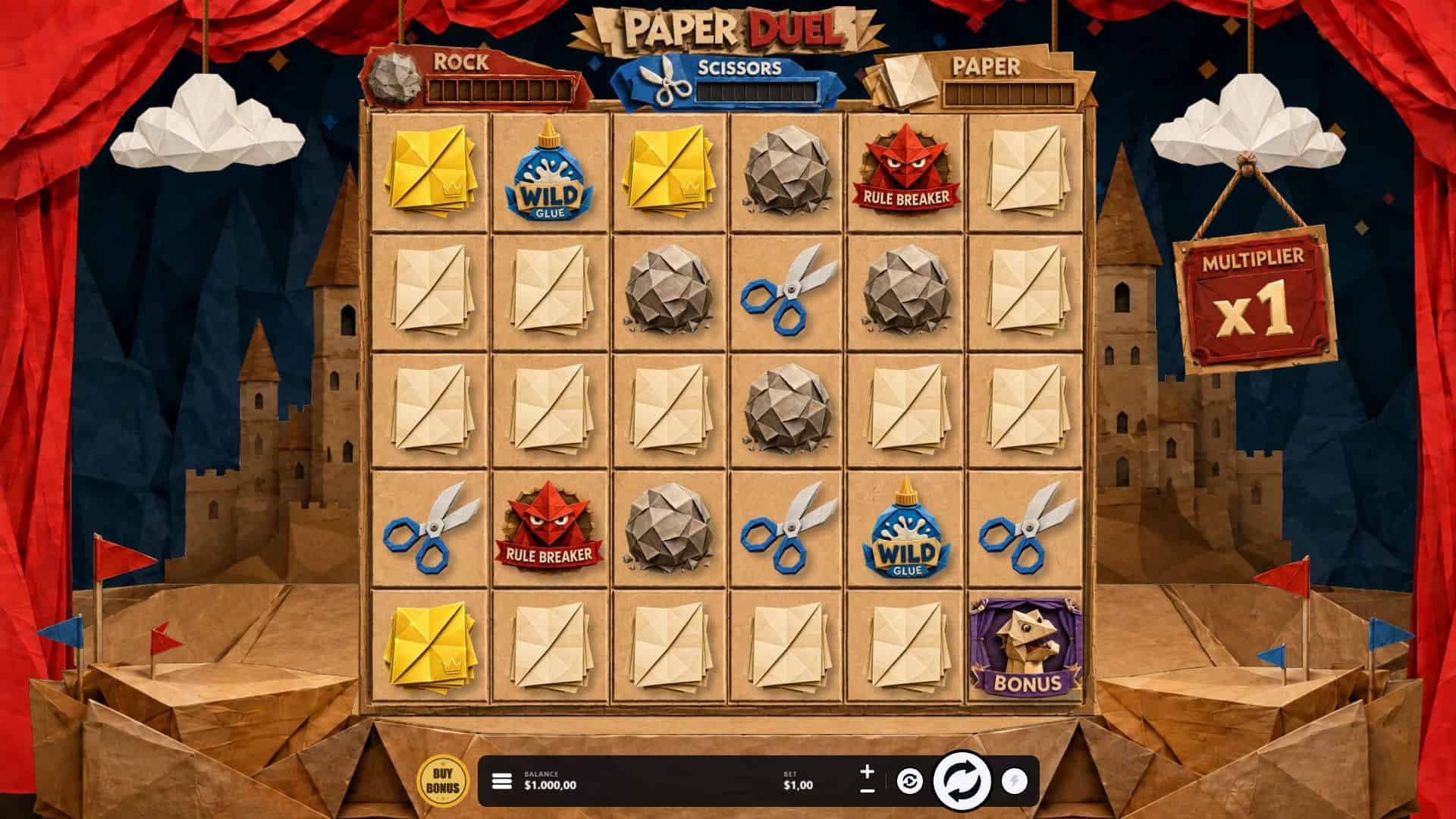 Paper duel slot gameplay reels