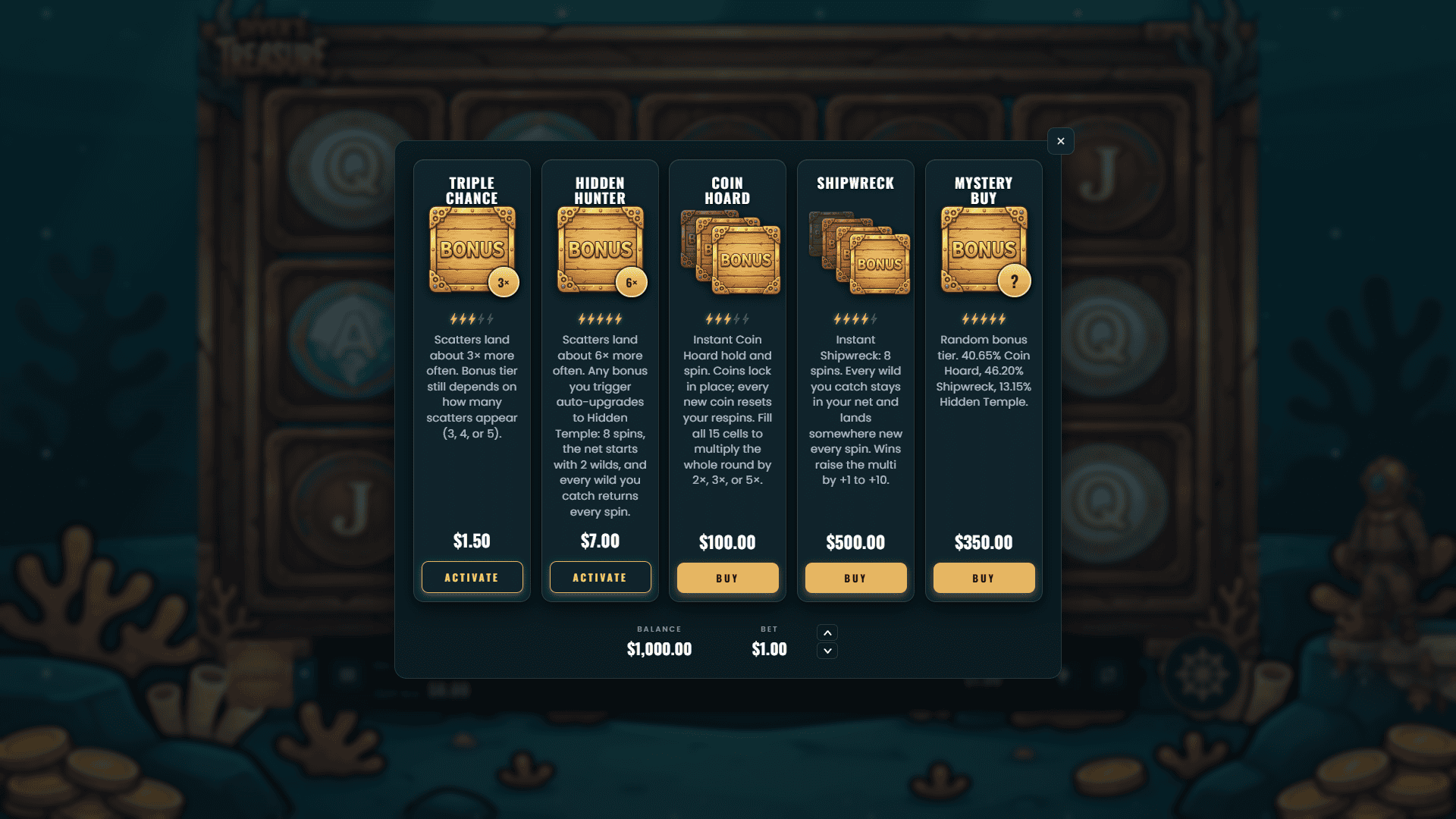 Divers Treasure bonus buy menu