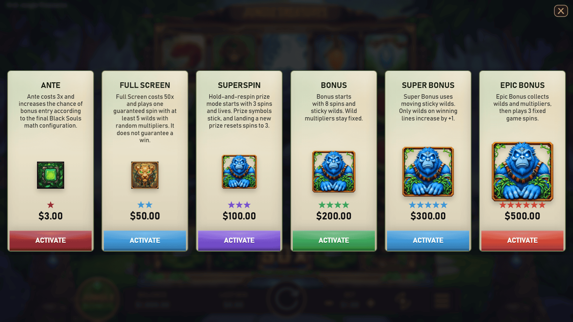 Jungle Treasures bonus buy menu