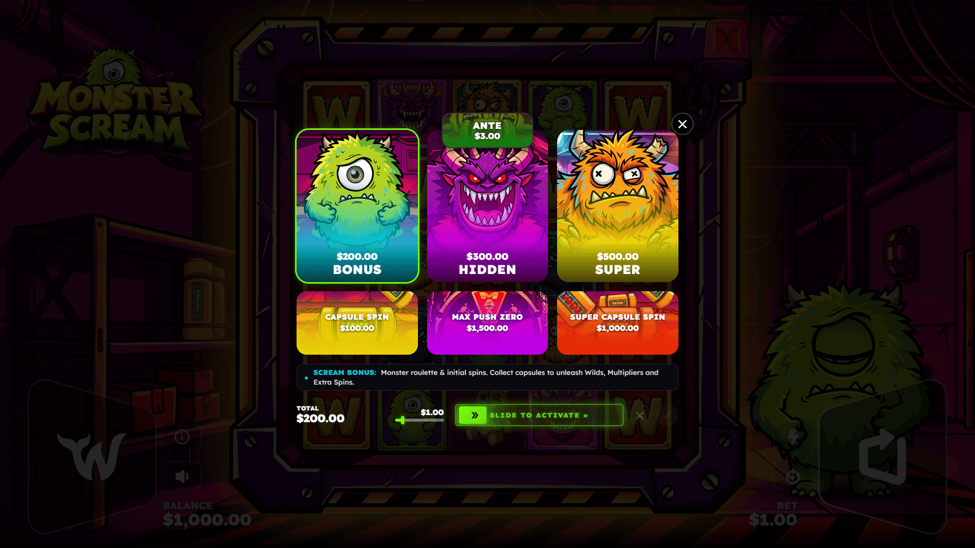 Monster Scream bonus buy menu