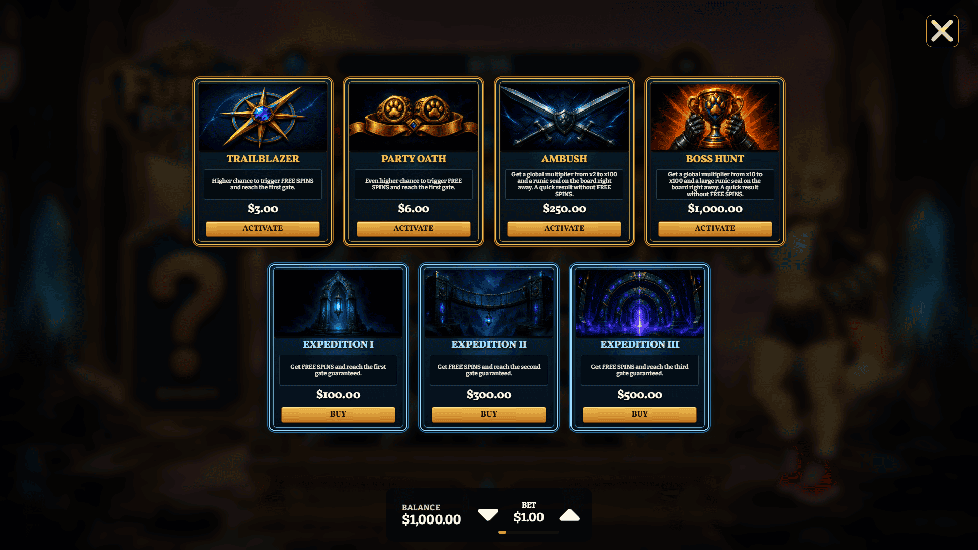 Furry Road Cluster Pays bonus buy menu
