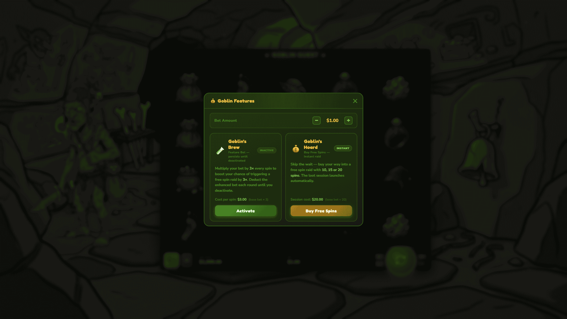 Goblin Quest bonus buy menu