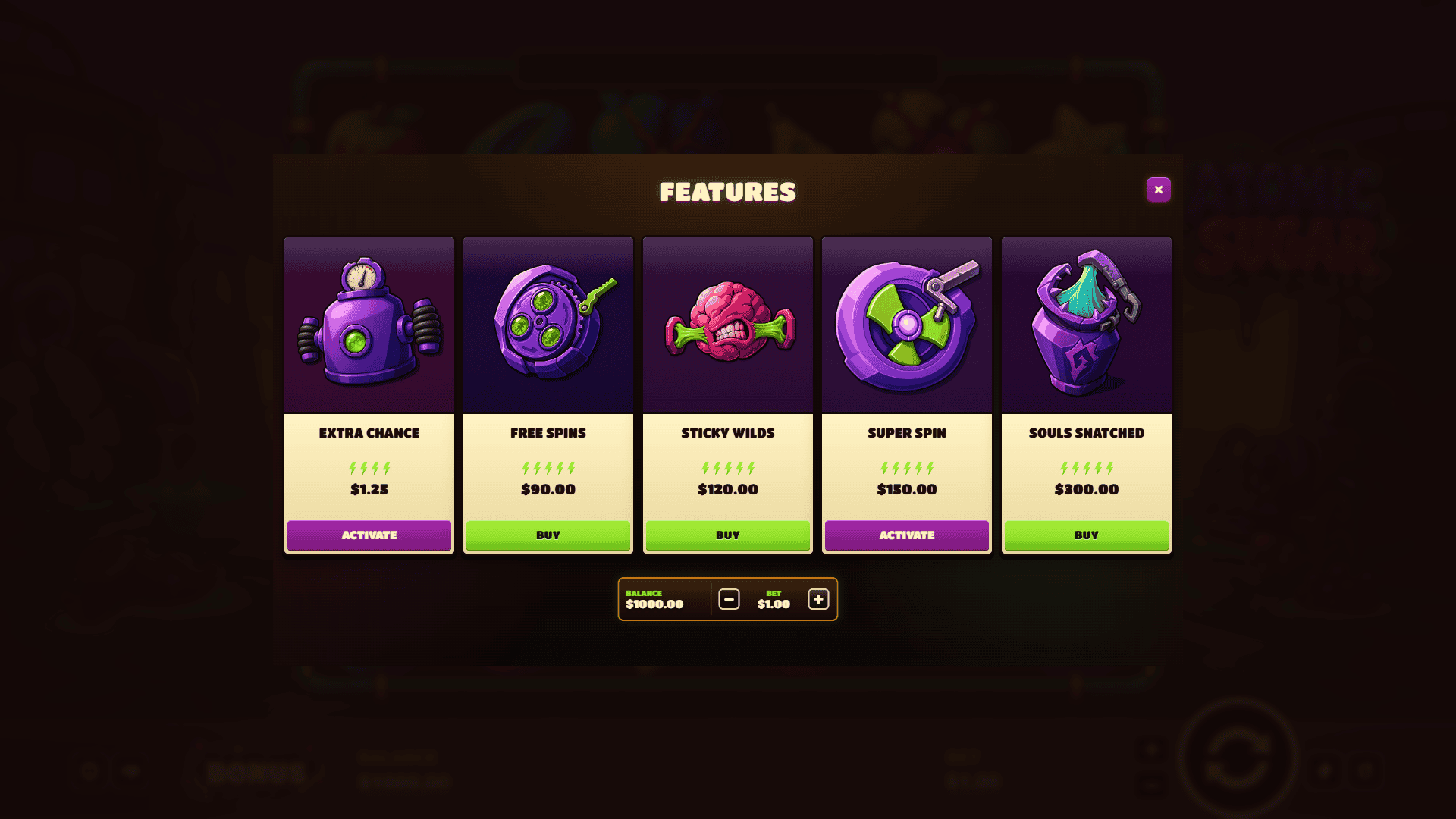 Atomic Sugar bonus buy menu