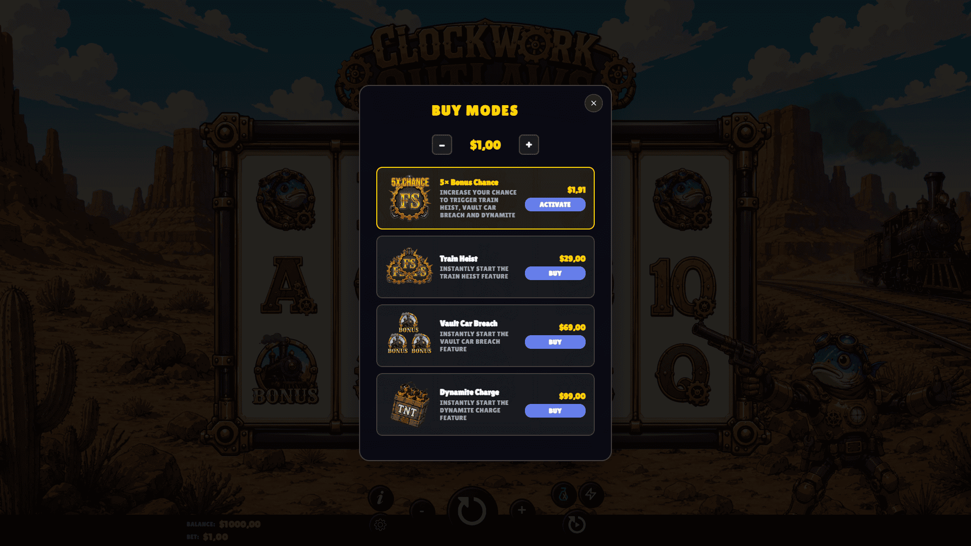 Clockwork Outlaws bonus buy menu
