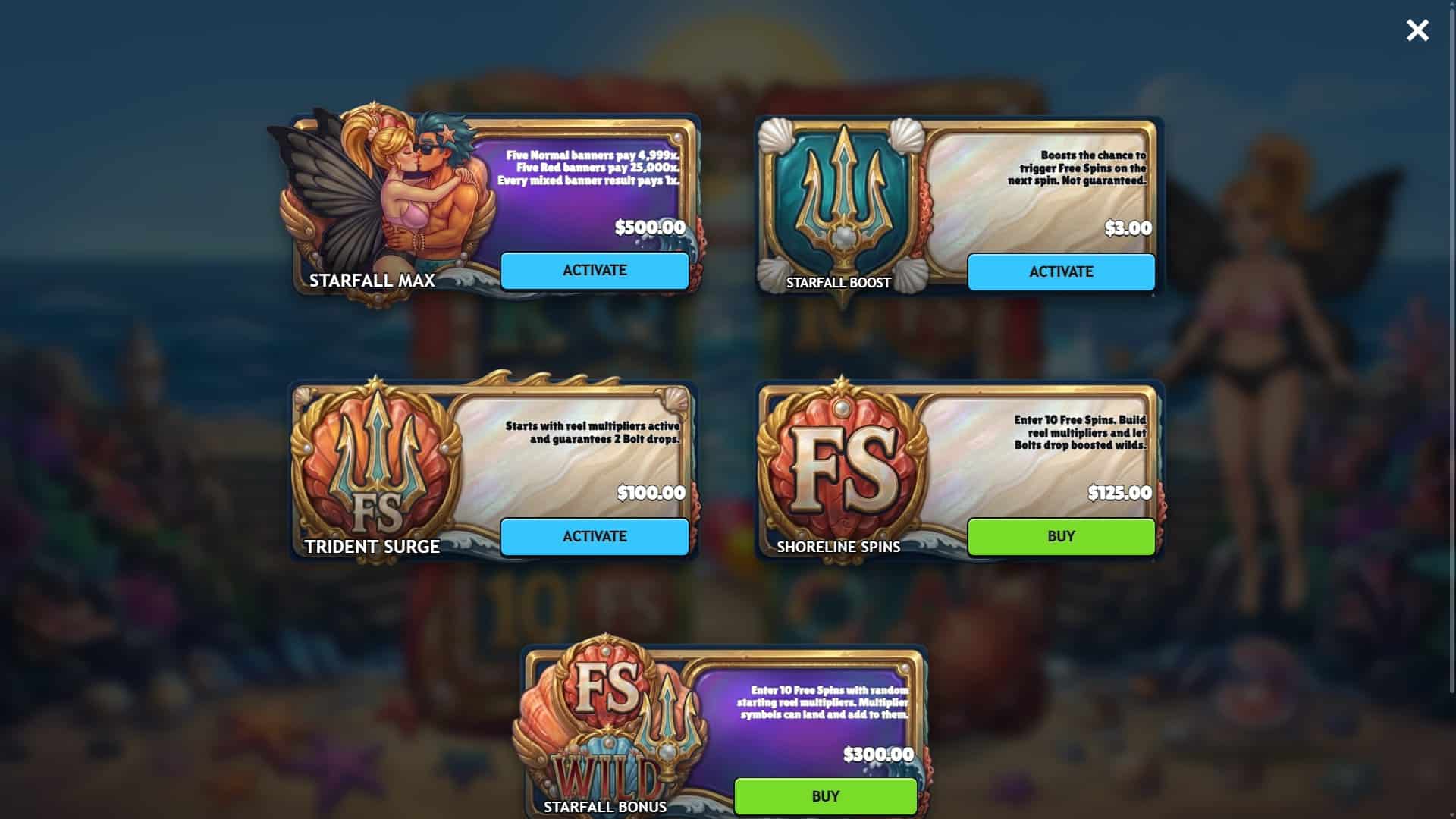 Starfall Shores bonus buy menu