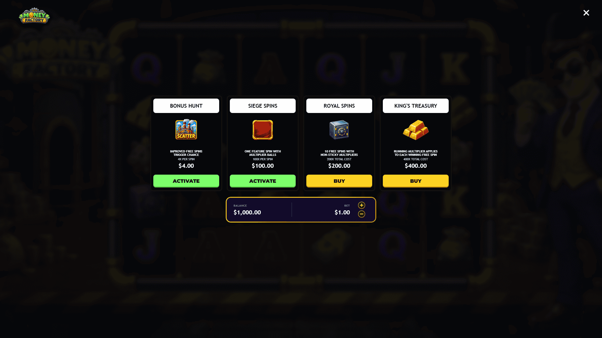 Money Factory bonus buy menu