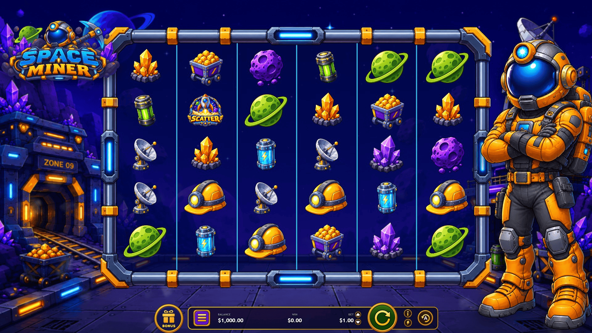 Space Miner slot gameplay reels
