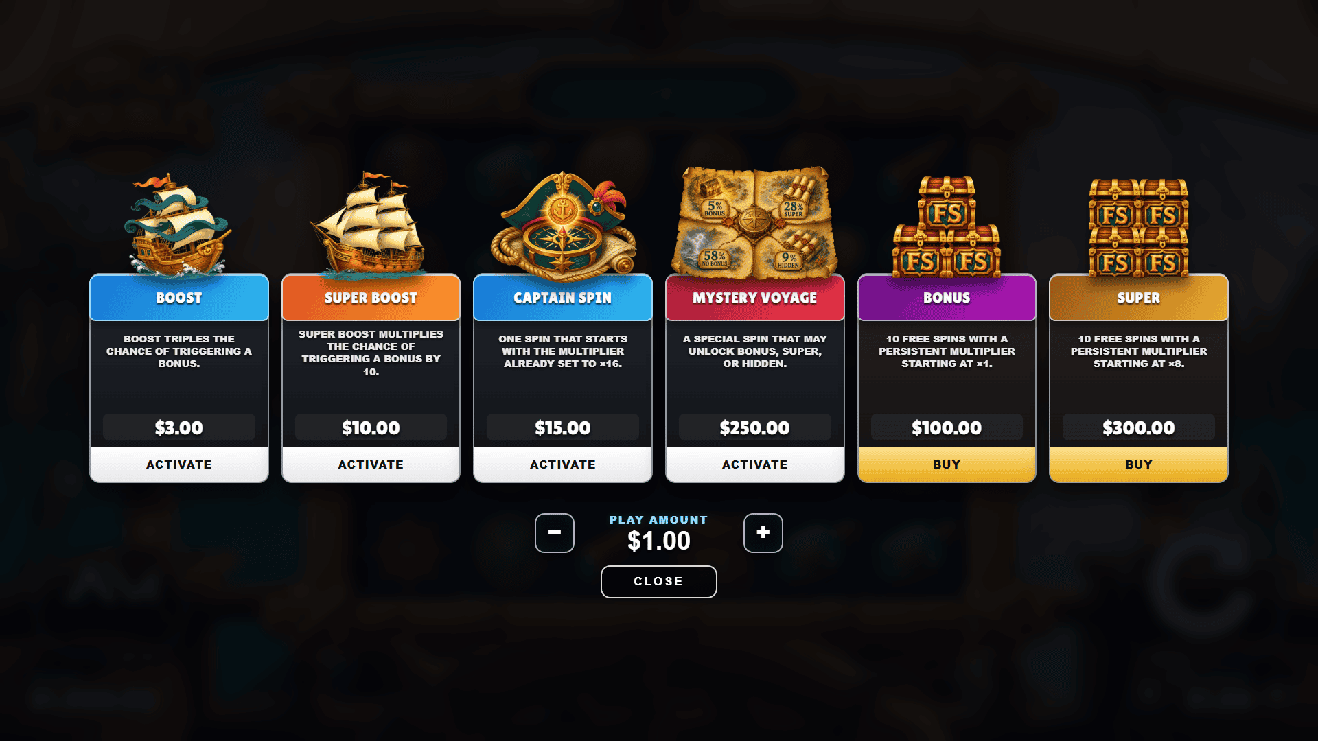 Captains Doubles bonus buy menu