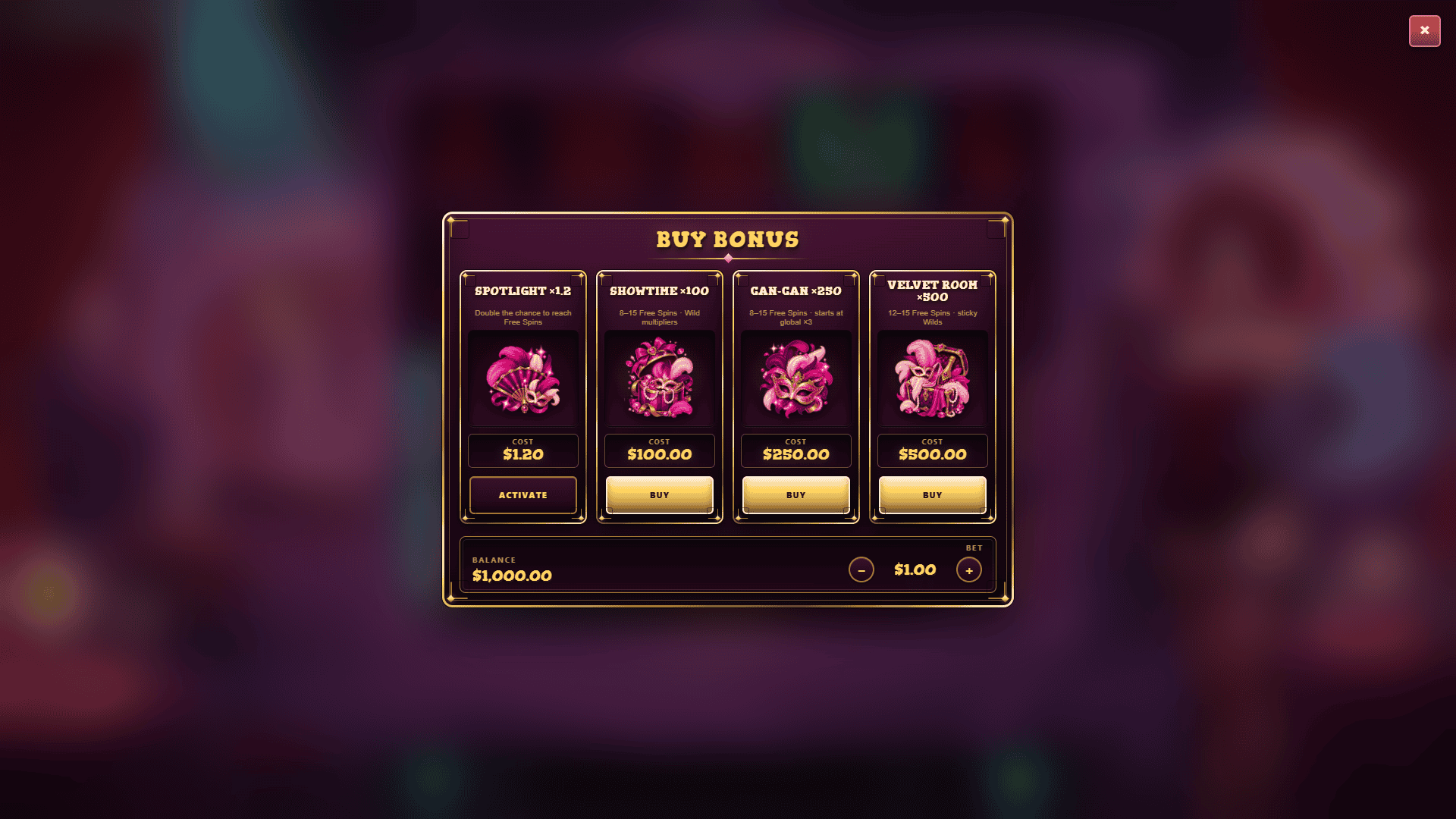 Burlesque Nights bonus buy menu