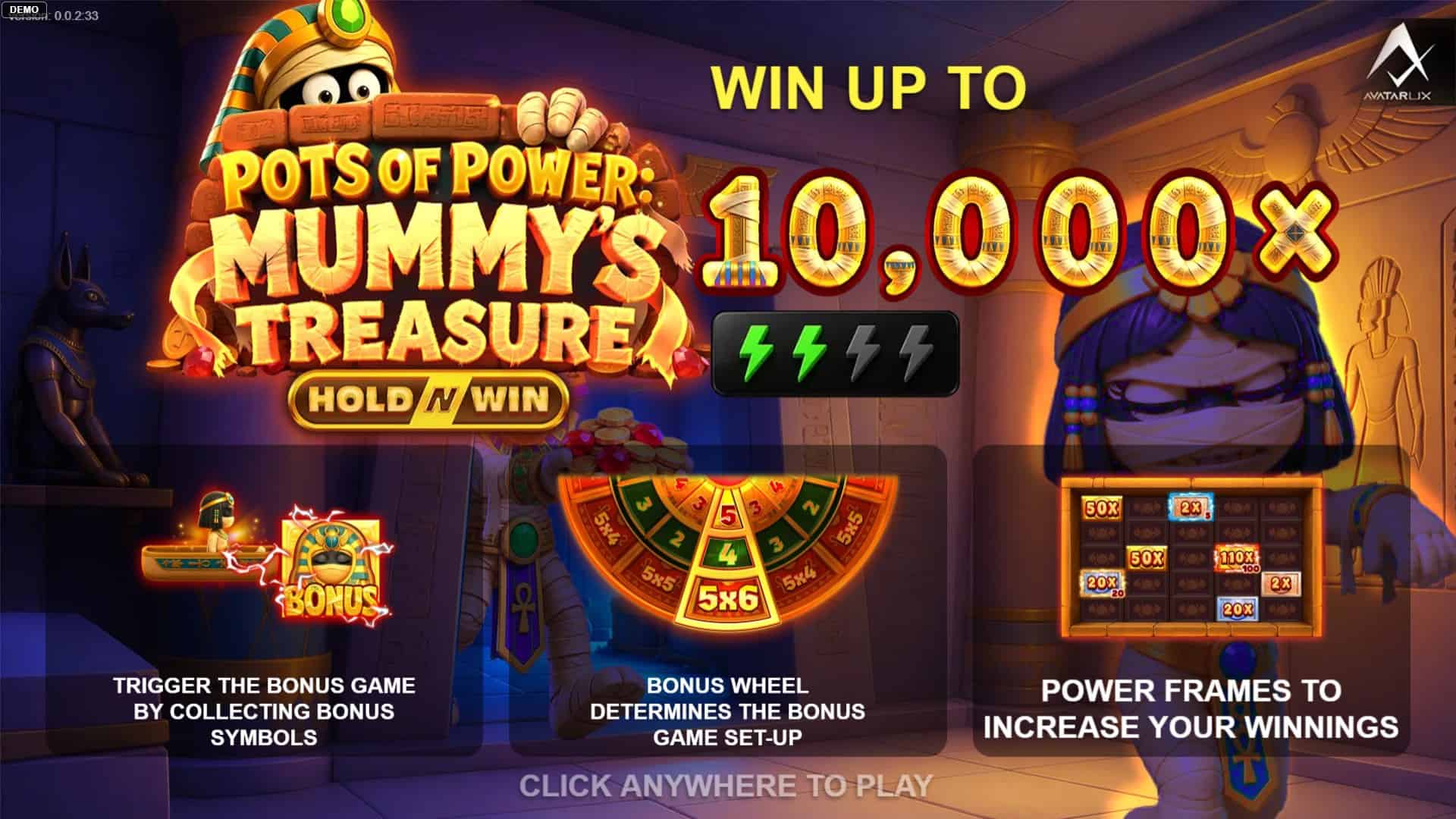 Pots of Power Mummy’s Treasure slot intro screen