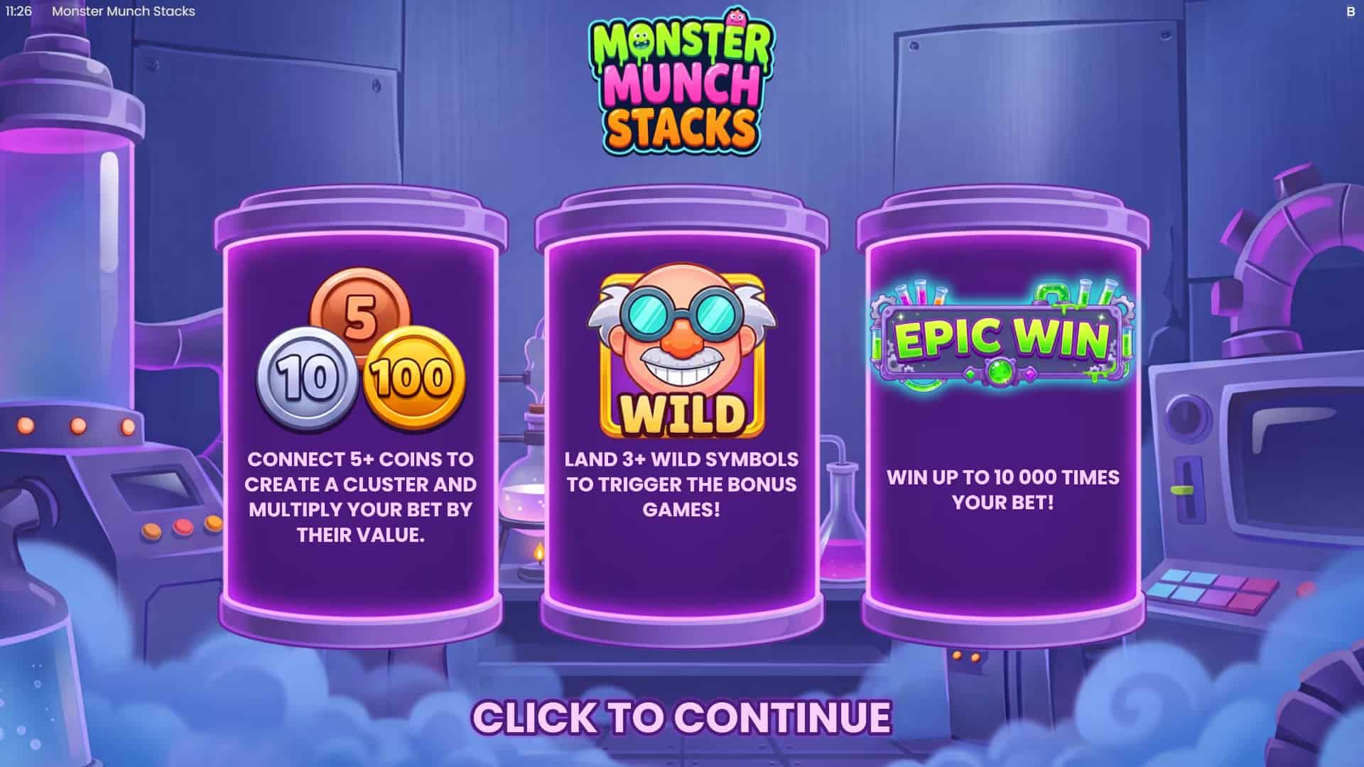 Monster Munch Stacks slot intro screen