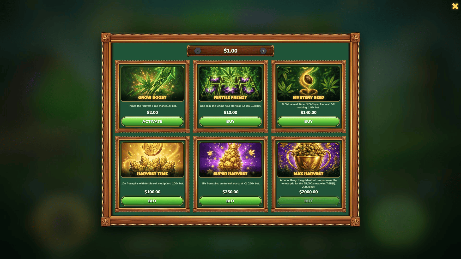 Ganja Farm bonus buy menu