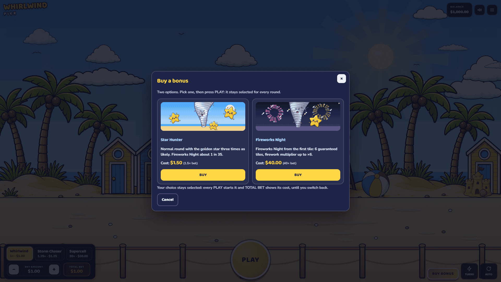 Whirlwind Pier bonus buy menu
