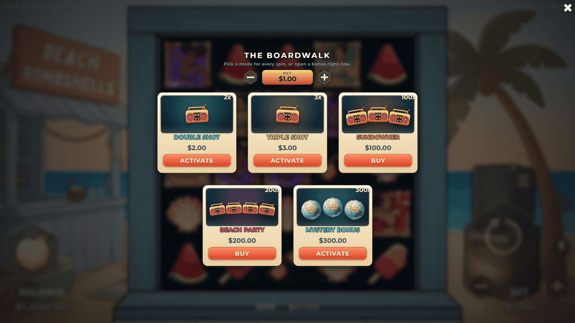Beach Bombshells bonus buy menu