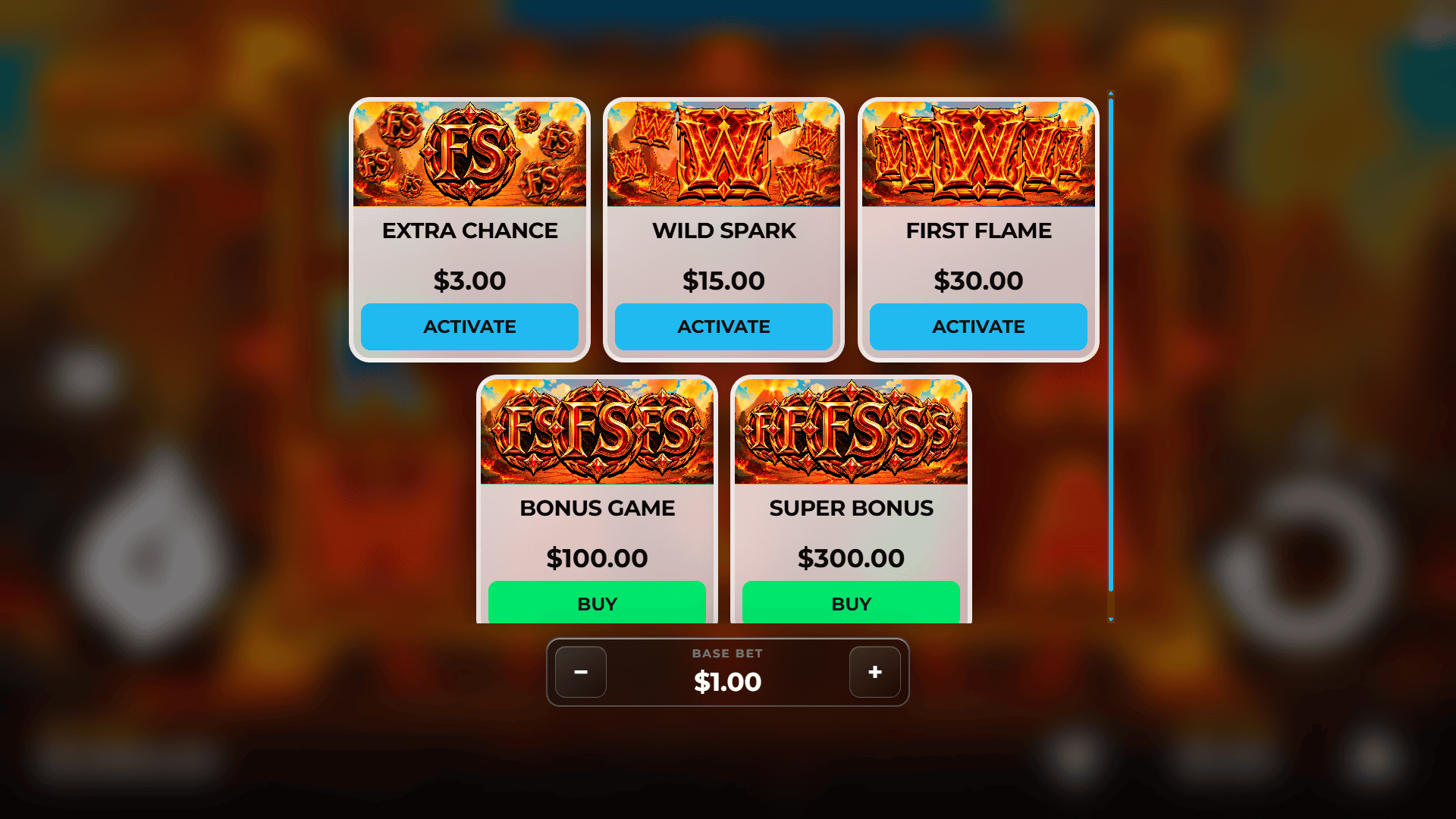 Wild Flame bonus buy menu