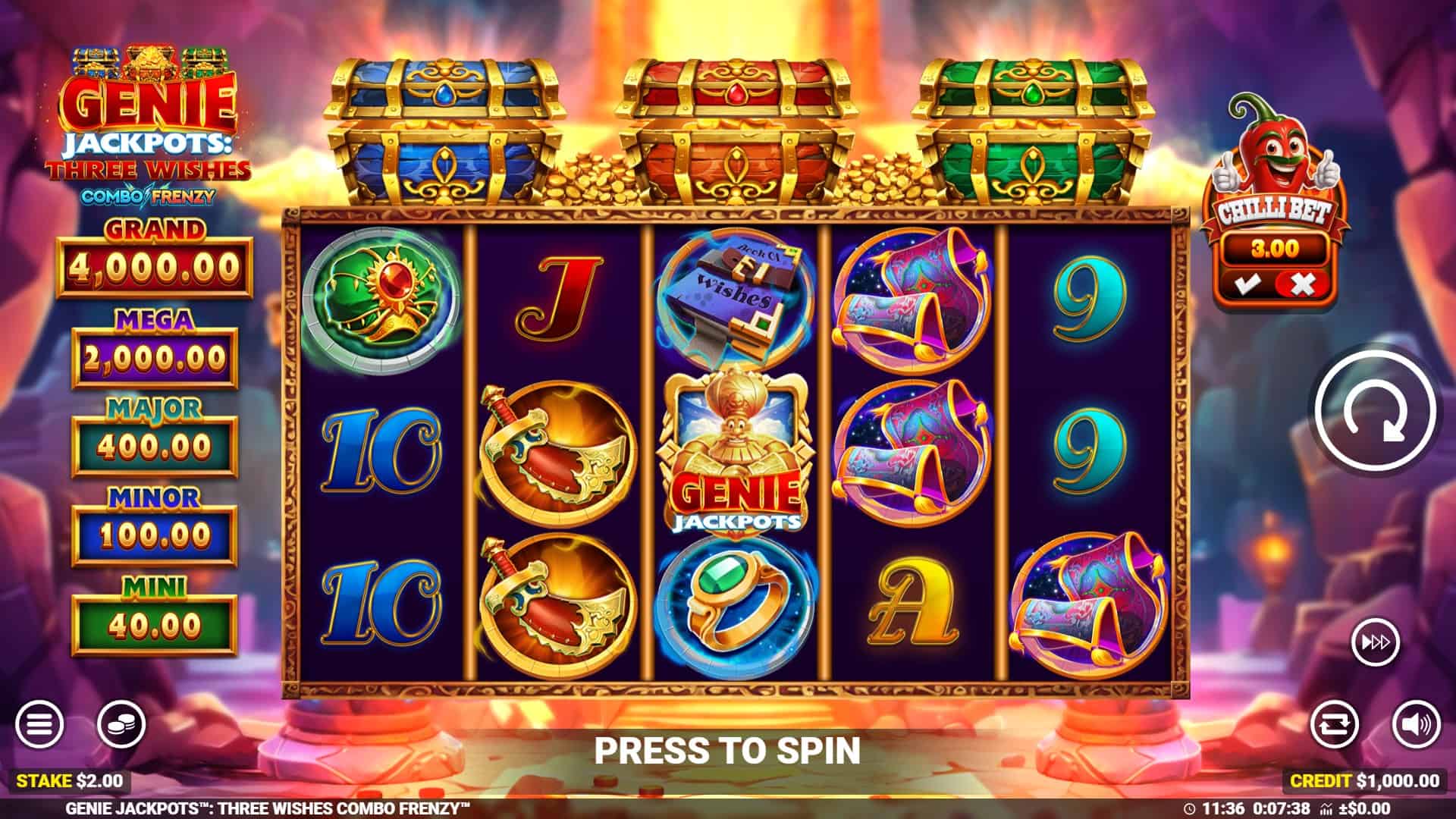 Genie Jackpots Three Wishes Combo Frenzy slot gameplay reels