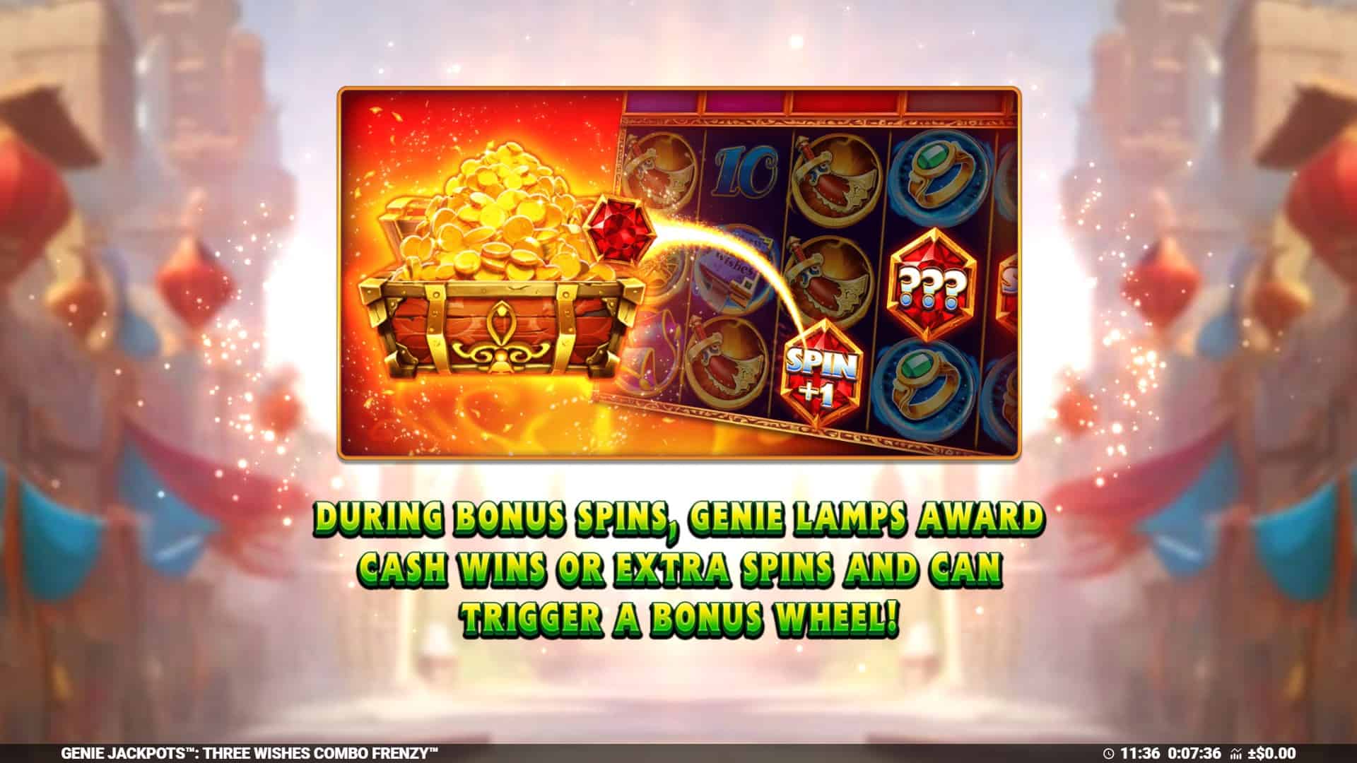 Genie Jackpots Three Wishes Combo Frenzy slot intro screen