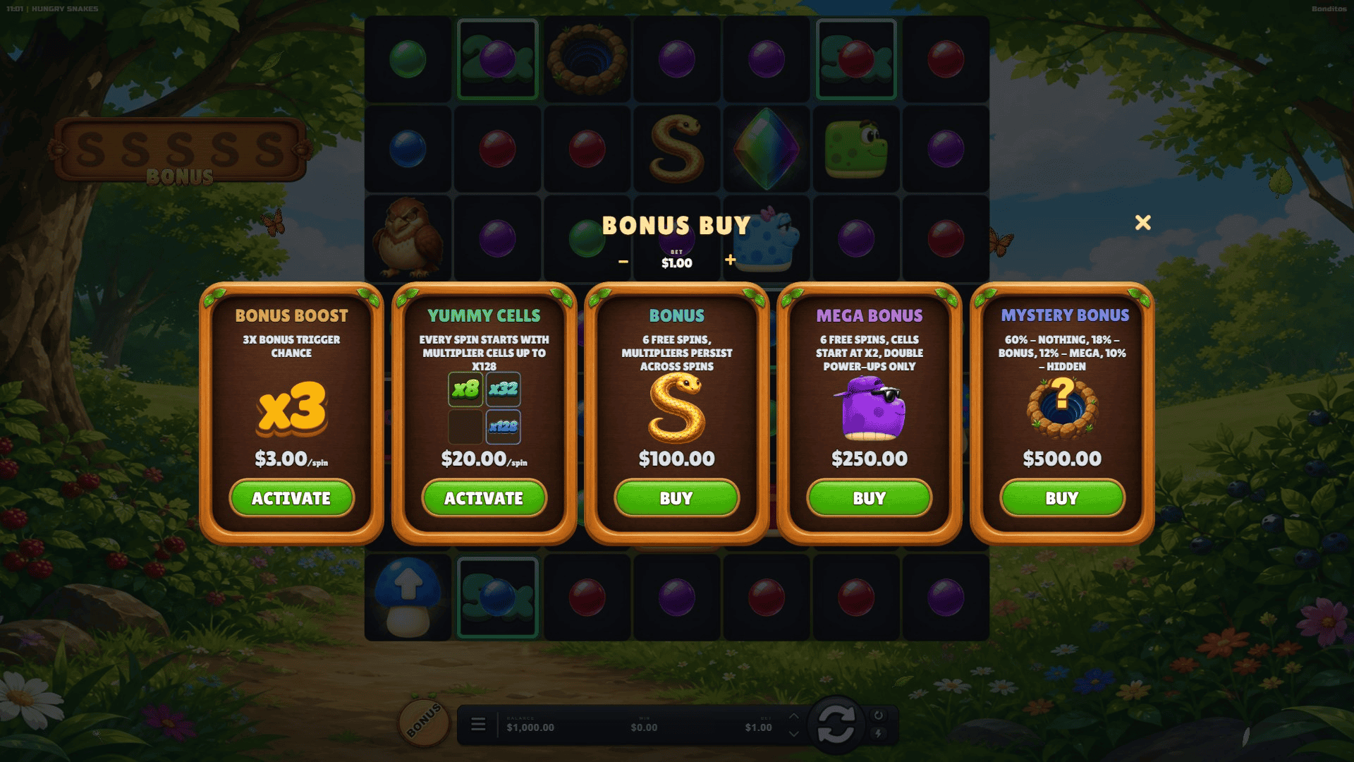 Hungry Snakes bonus buy menu
